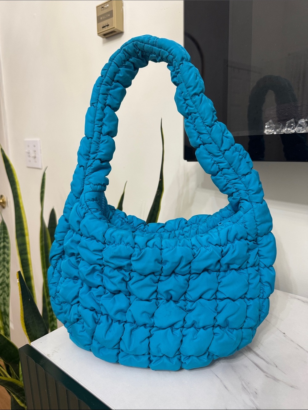 COS Teal Quilted Puff Shoulder Bag